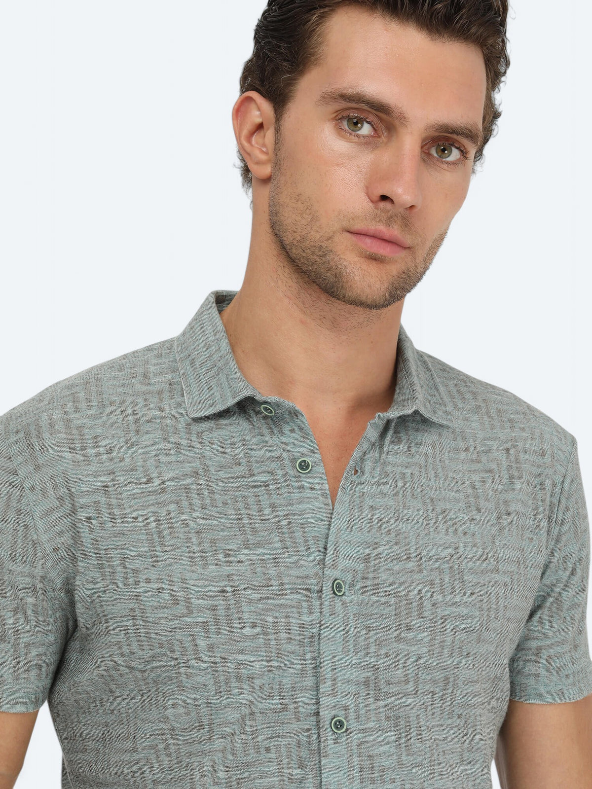Koyu Yeşil Baskılı Regular Fit Kısa Casual Keten Karışımlı Gömlek