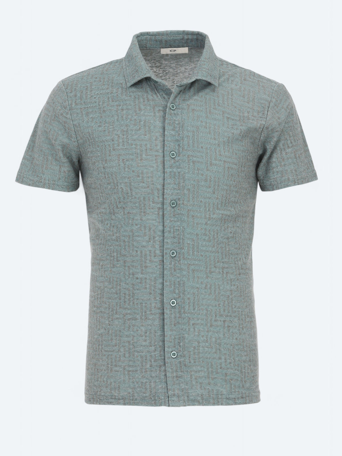 Koyu Yeşil Baskılı Regular Fit Kısa Casual Keten Karışımlı Gömlek