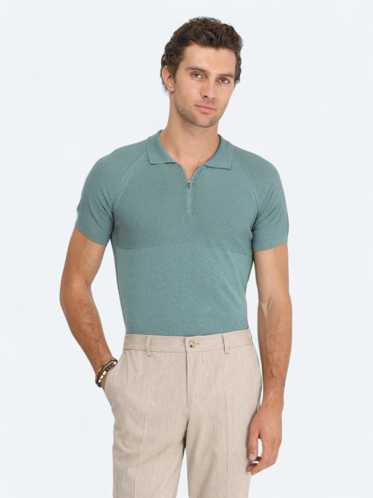 Koyu Mint Polo Yaka Jakarlı Triko