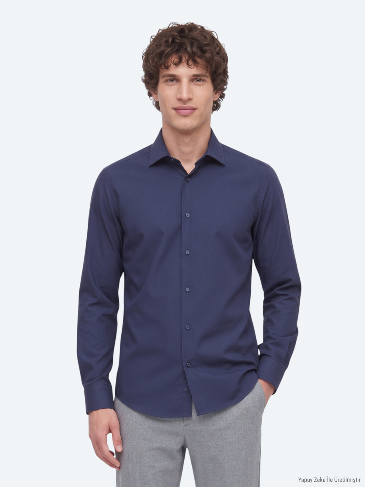 Lacivert Düz Slim Fit Uzun Dokuma Klasik Pamuk Karışımlı Gömlek