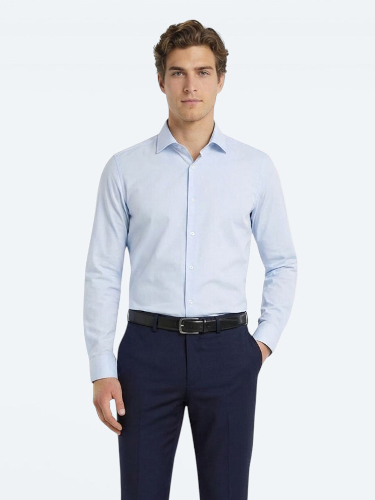 Mavi Düz Slim Fit Uzun Dokuma Klasik Pamuk Karışımlı Gömlek