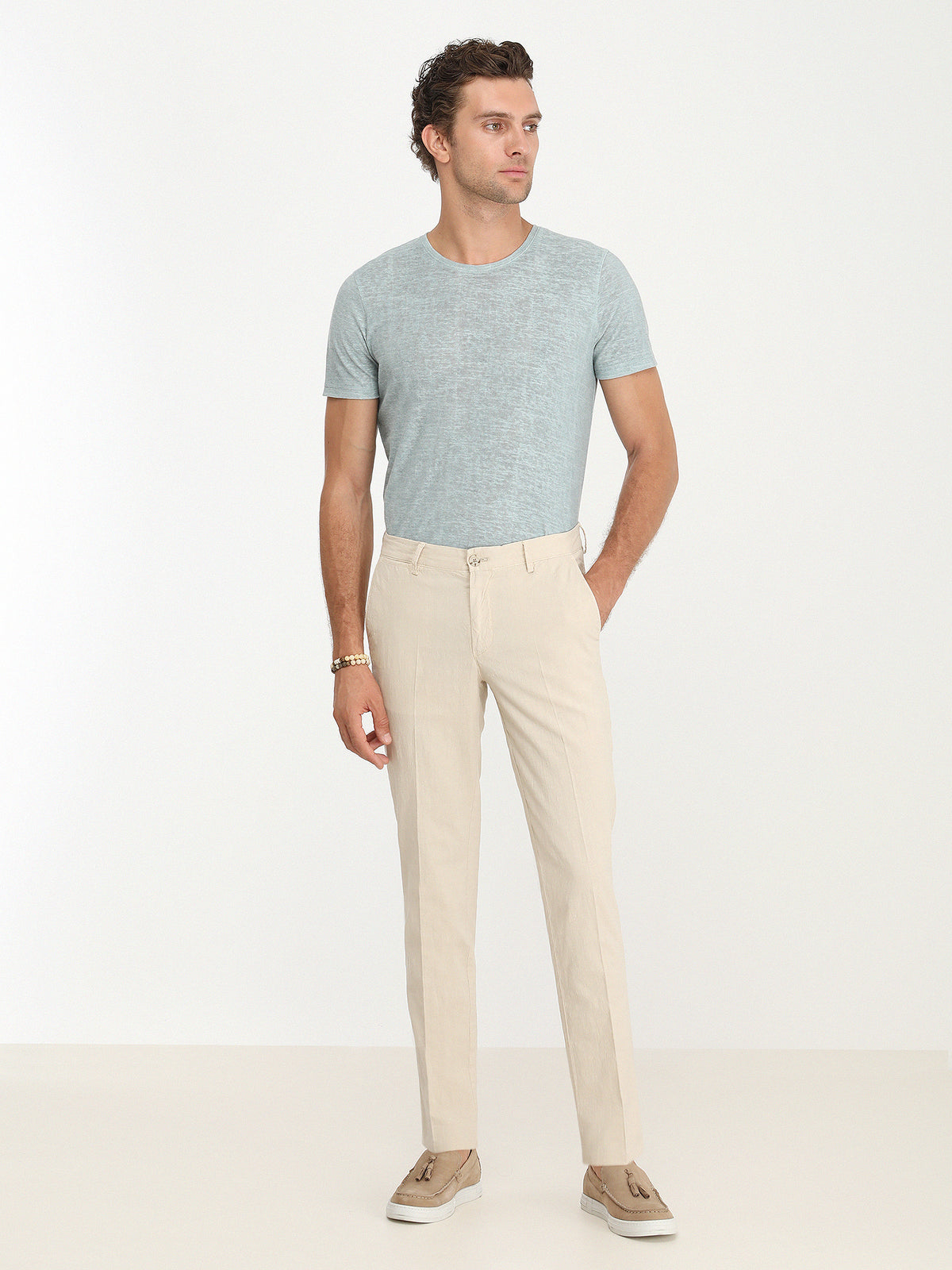 Bej Dokuma Slim Fit Casual Pamuk Karışımlı Pantolon