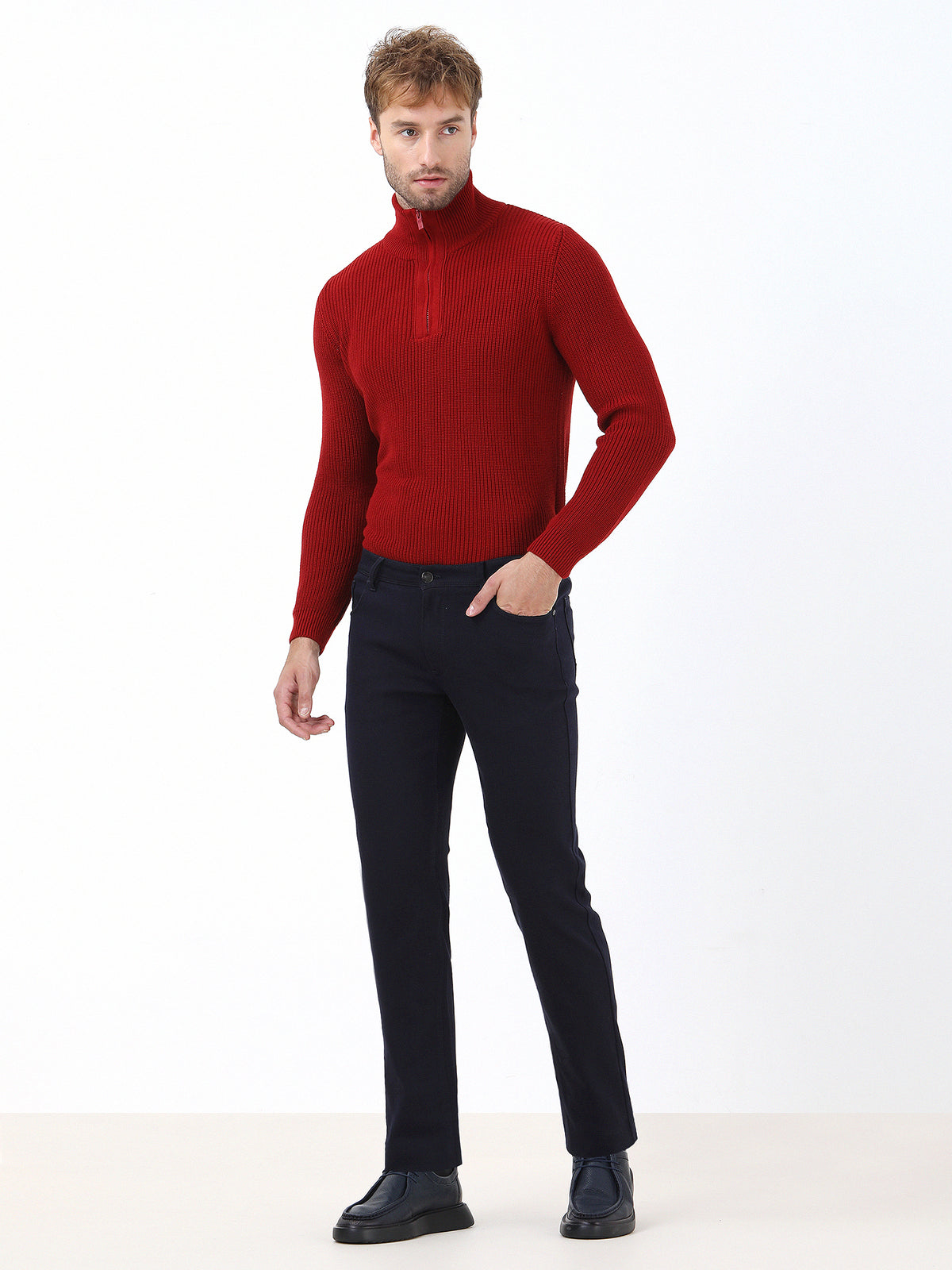 Lacivert Dokuma Slim Fit Casual Pamuk Karışımlı Pantolon