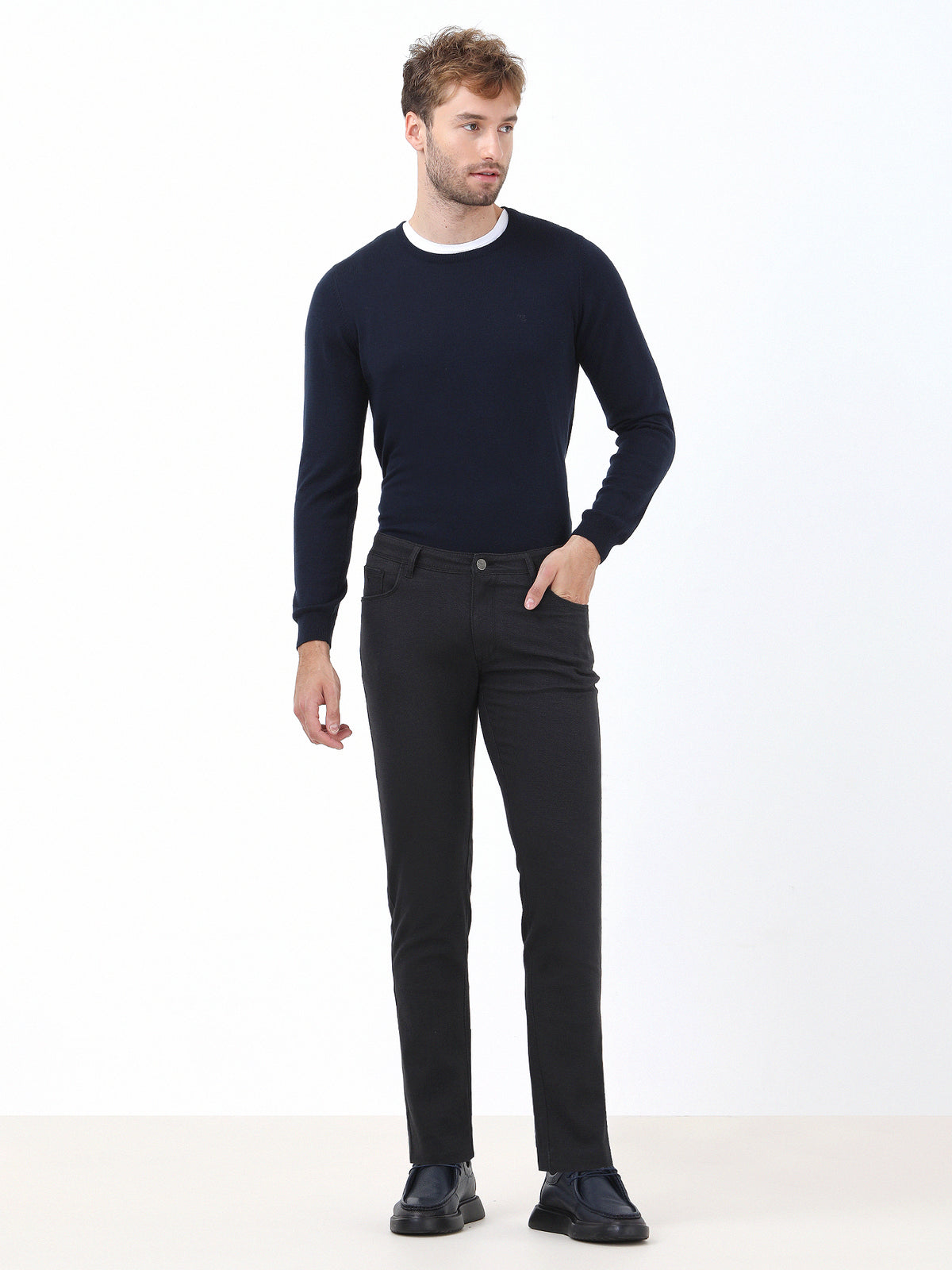 Lacivert Dokuma Slim Fit Casual Pamuk Karışımlı Pantolon