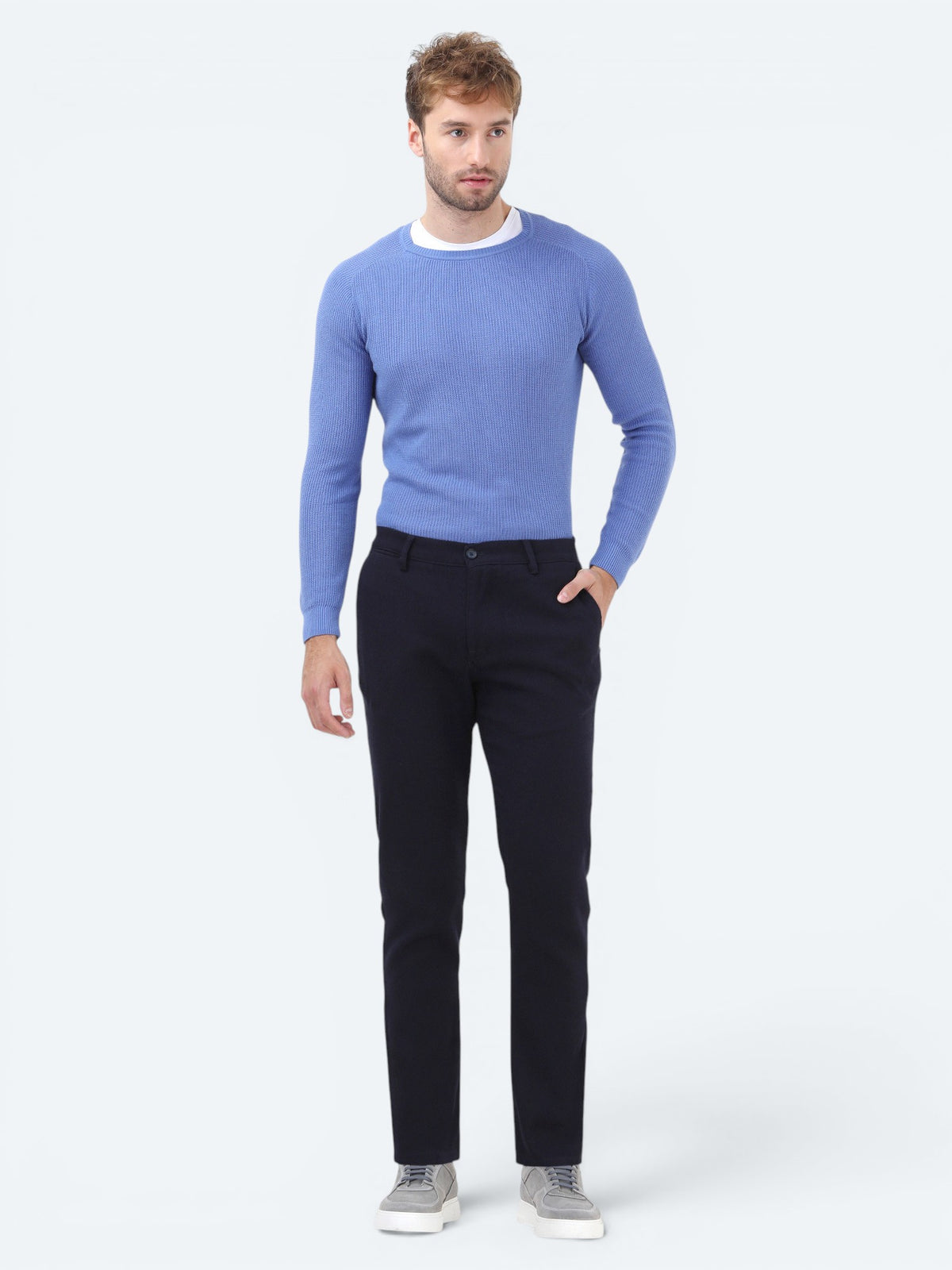 Lacivert Dokuma Slim Fit Casual Pamuk Karışımlı Pantolon