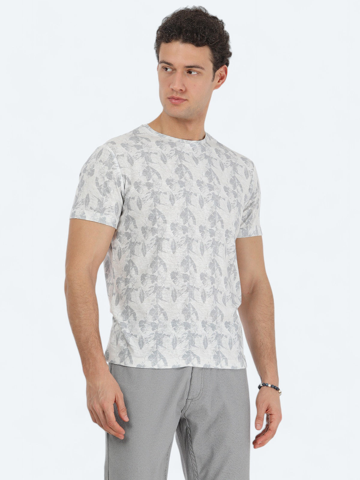Bej Baskılı Bisiklet Yaka Pamuk Karışımlı T-Shirt
