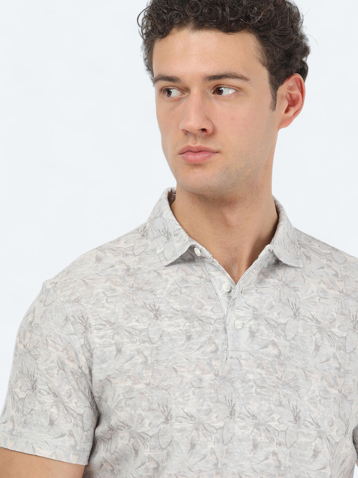 Bej Baskılı Polo Yaka Pamuk Karışımlı T-Shirt