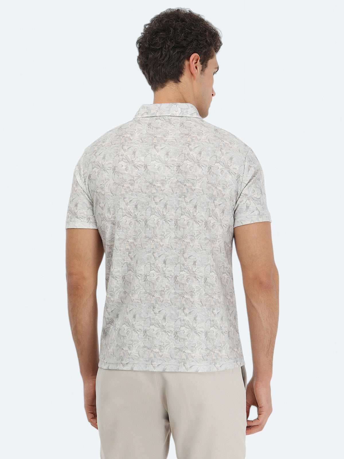 Bej Baskılı Polo Yaka Pamuk Karışımlı T-Shirt