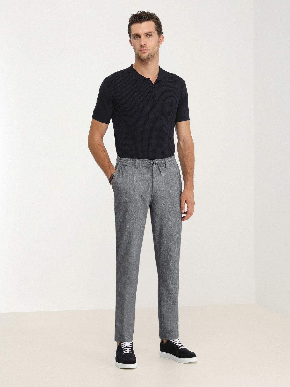 Lacivert Dokuma Jogging Fit Casual Pamuk Karışımlı Pantolon