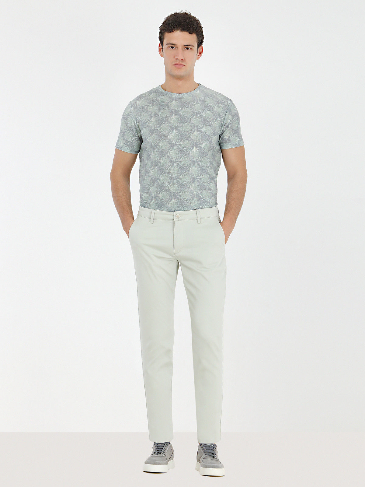 Nil Yeşili Dokuma Slim Fit Casual Pamuk Karışımlı Pantolon