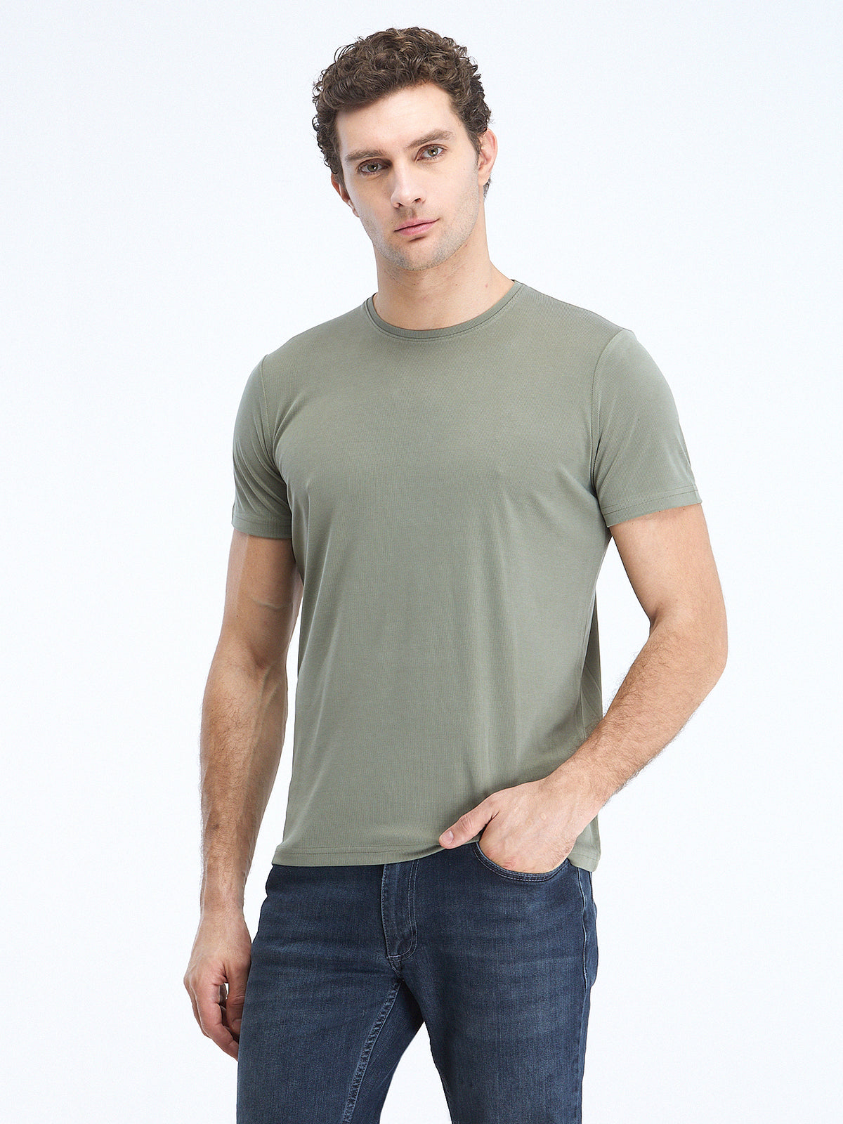 Haki Baskılı Bisiklet Yaka Keten Karışımlı T-Shirt