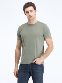Haki Baskılı Bisiklet Yaka Keten Karışımlı T-Shirt