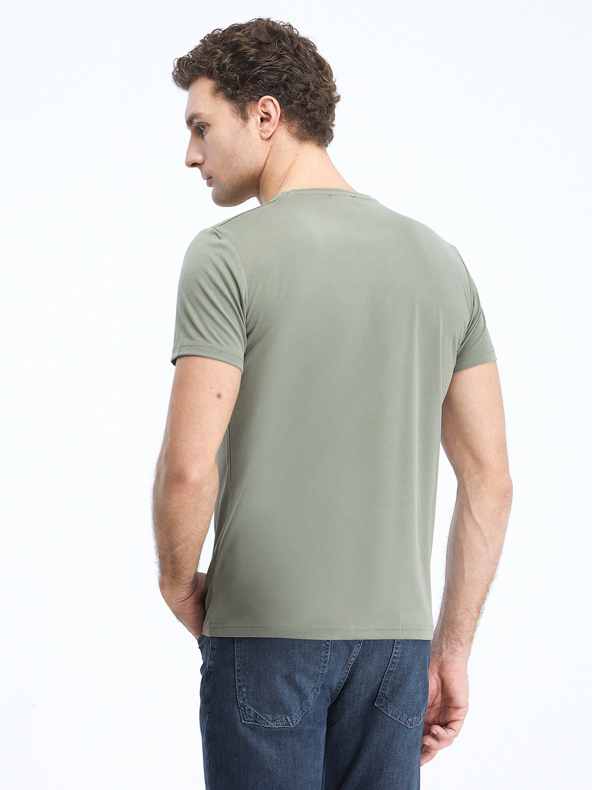 Haki Baskılı Bisiklet Yaka Keten Karışımlı T-Shirt