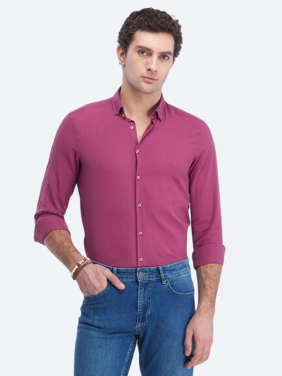 Mürdüm Düz Regular Fit Uzun Dokuma Casual %100 Pamuk Gömlek
