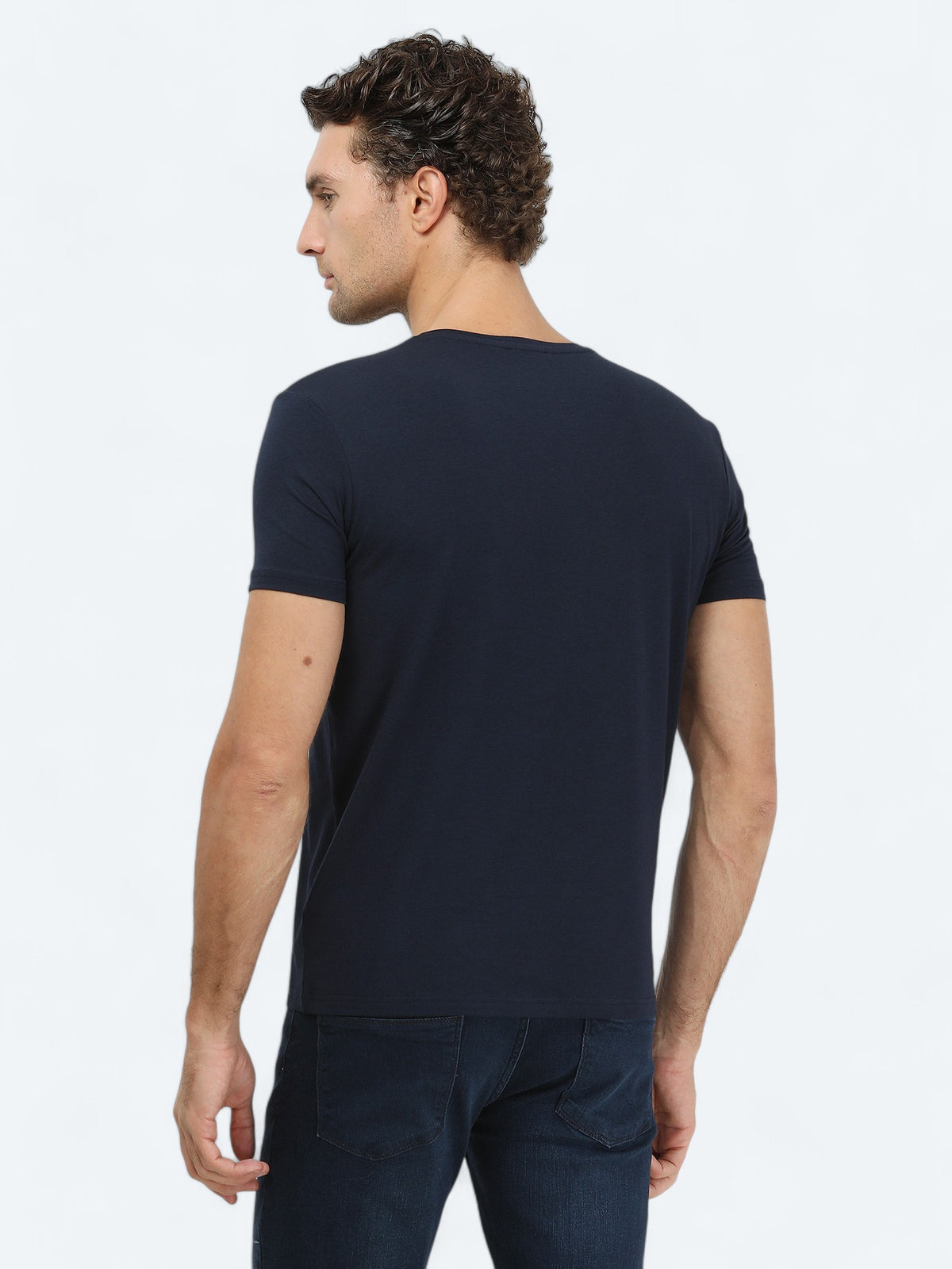 Lacivert V Yaka Pamuk Karışımlı T-Shirt