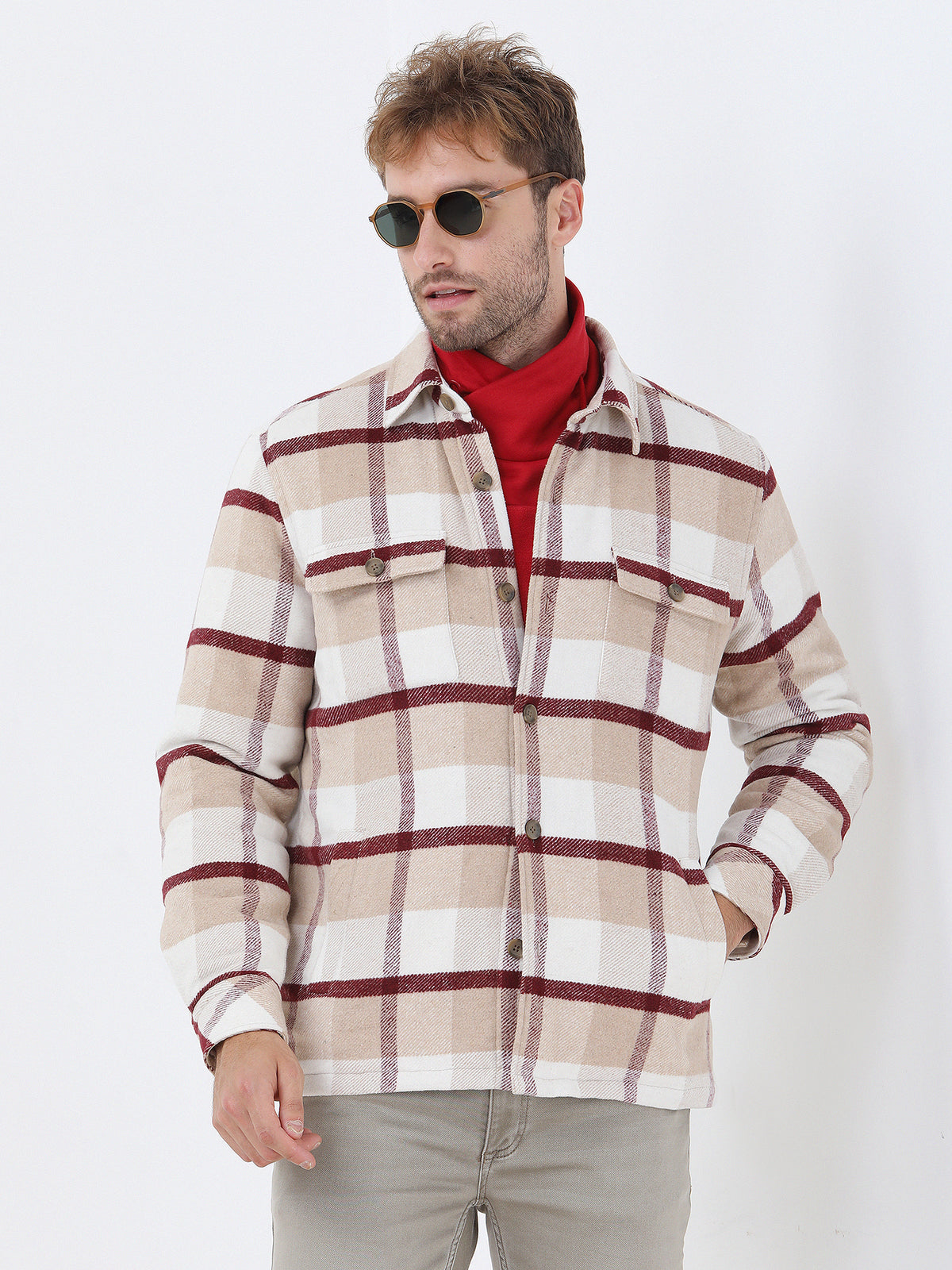 Vizon Kareli Regular Fit Dokuma Pamuk Karışımlı Overshirt