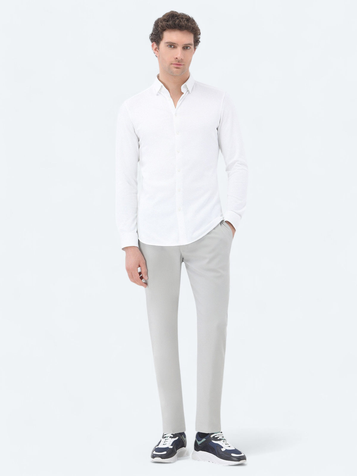 Beyaz Slim Fit Uzun Casual %100 Pamuk Gömlek