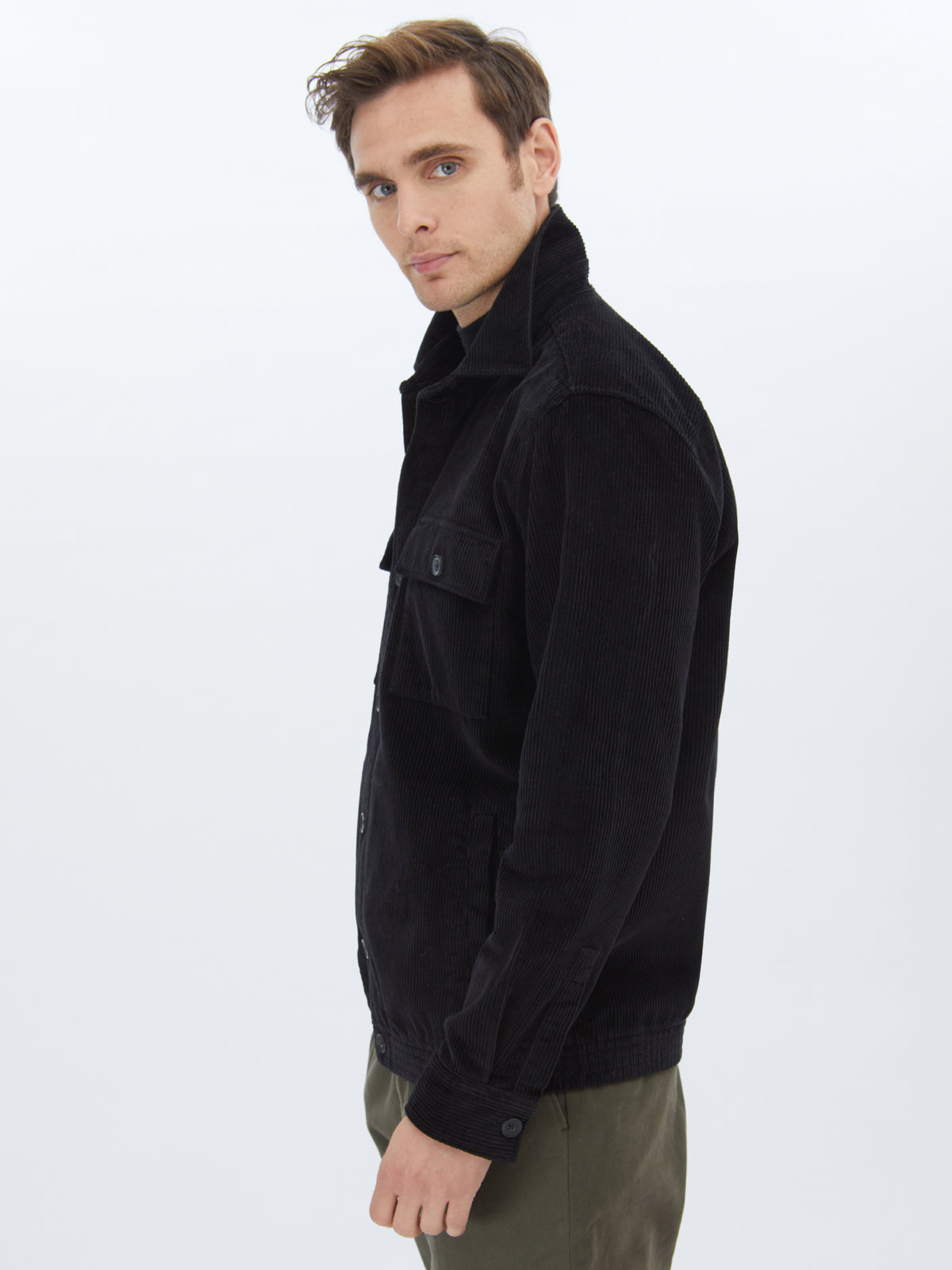 Siyah Regular Fit Uzun Dokuma %100 Pamuk Overshirt