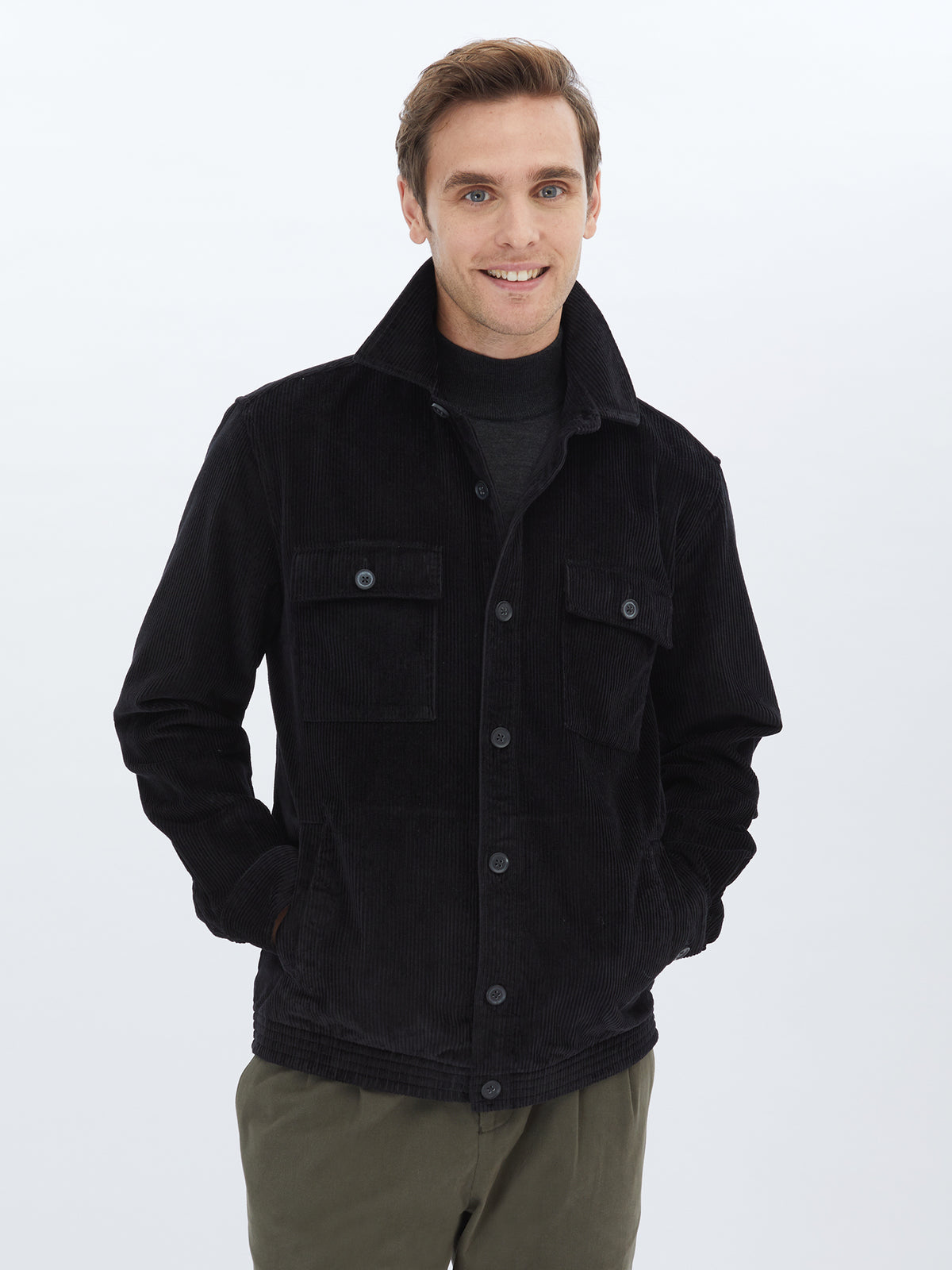 Siyah Regular Fit Uzun Dokuma %100 Pamuk Overshirt