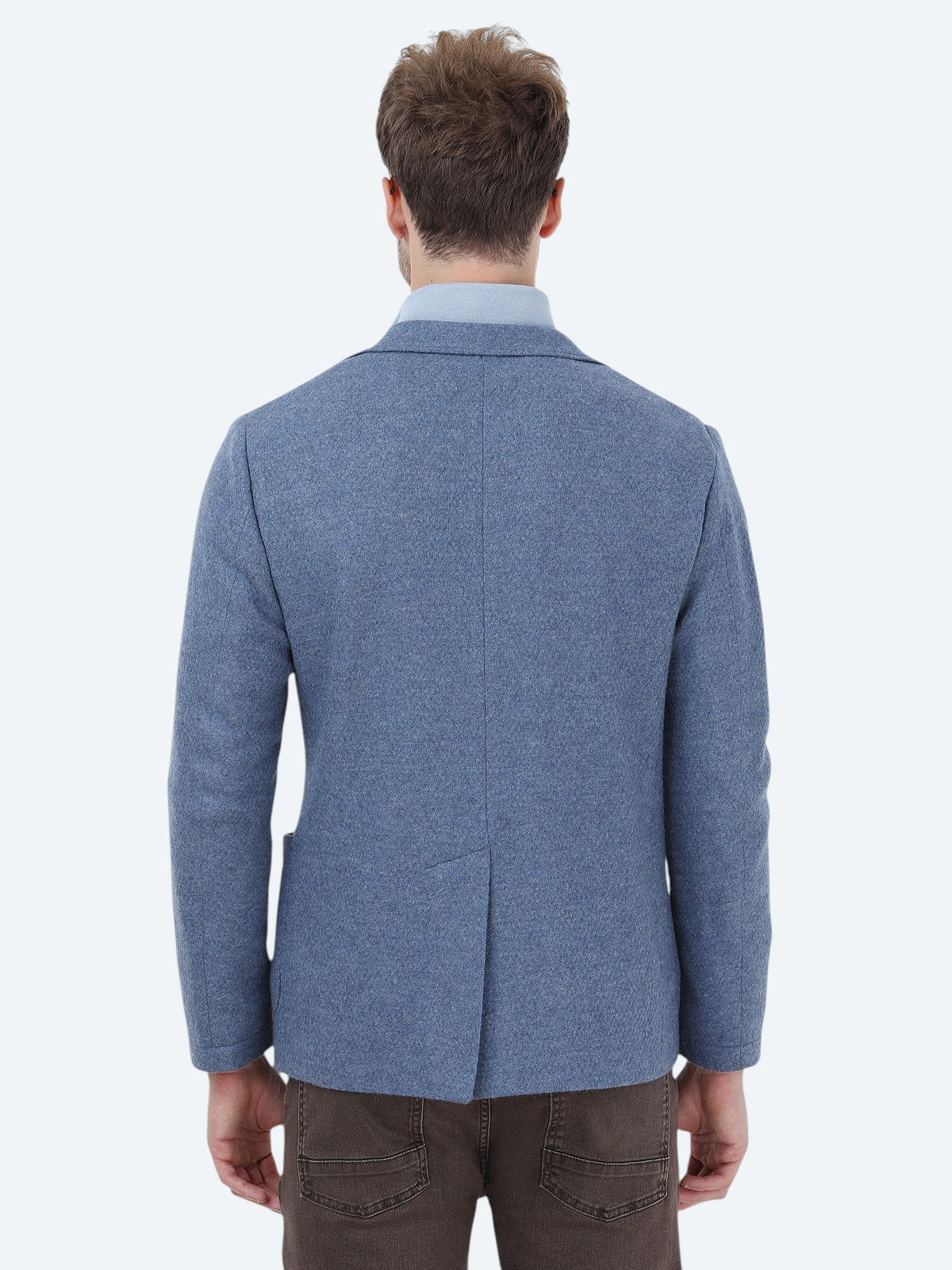 Mavi Düz Modern Fit Yün Karışımlı Örme Ceket