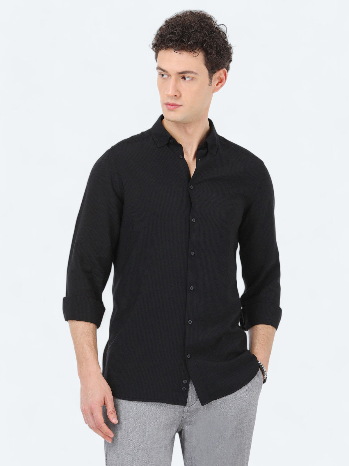 Siyah Çizgili Regular Fit Uzun Dokuma Casual Gömlek