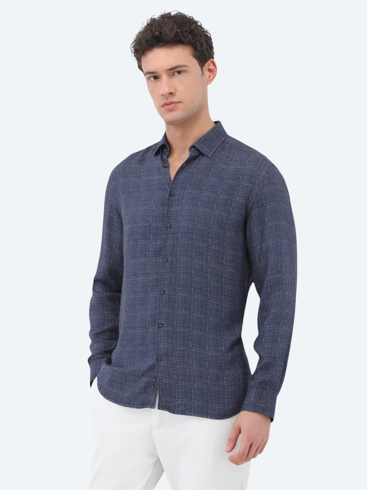 Lacivert Kareli Regular Fit Uzun Dokuma Casual Gömlek