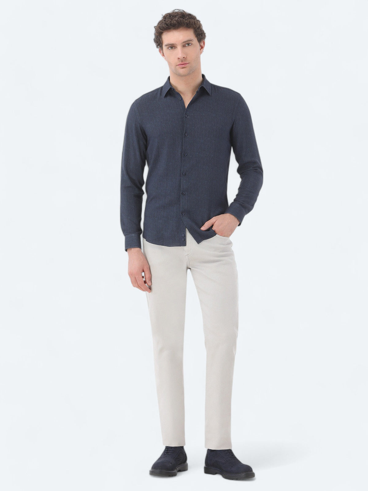 Lacivert Baskılı Regular Fit Uzun Dokuma Casual Gömlek