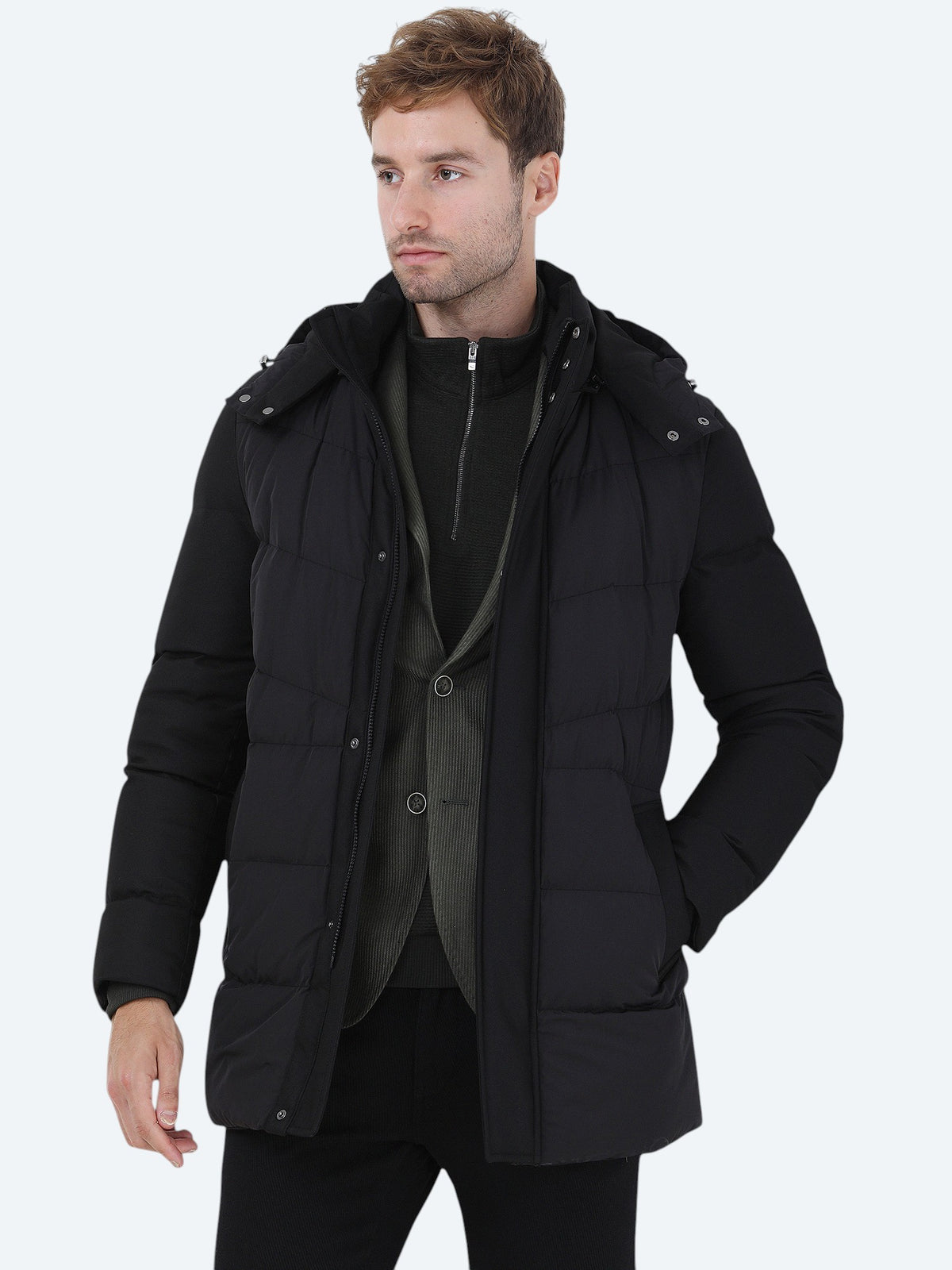 Siyah Regular Fit Kapüşonlu Casual Dokuma Kaban