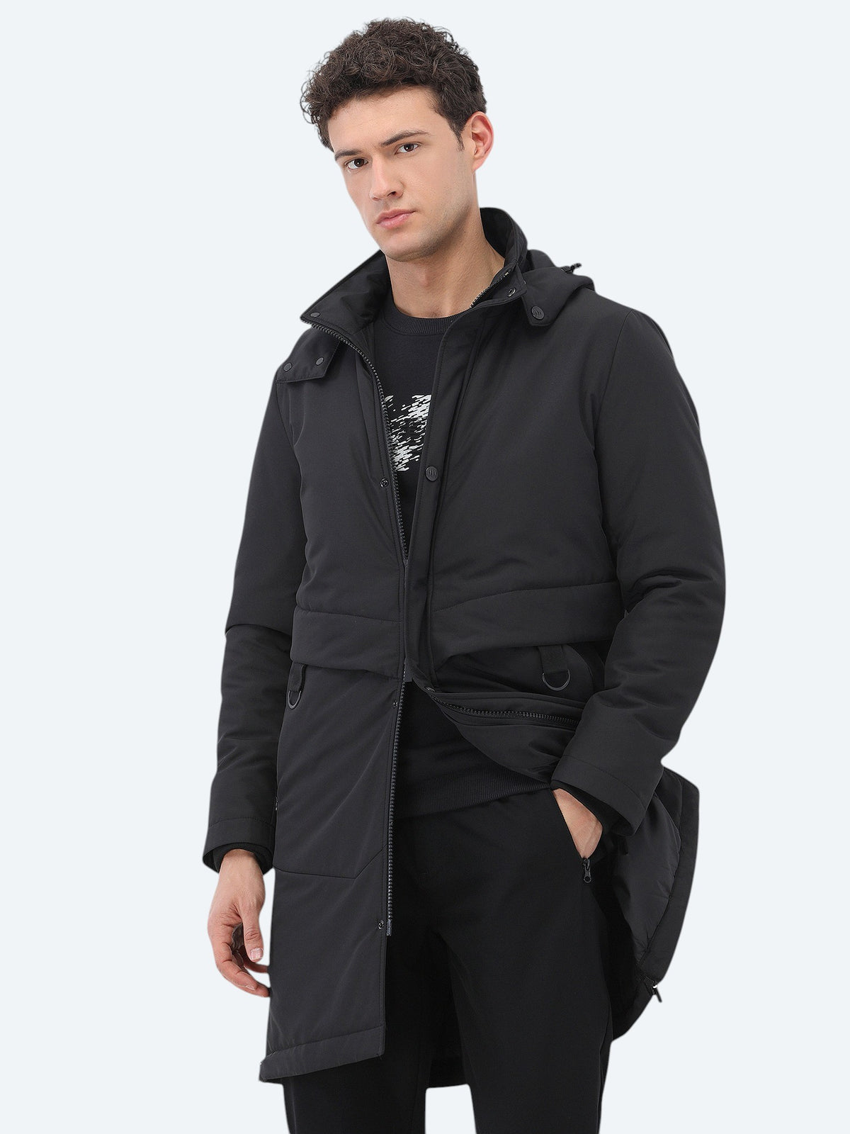 Siyah Regular Fit Kapüşonlu Casual Dokuma Kaban