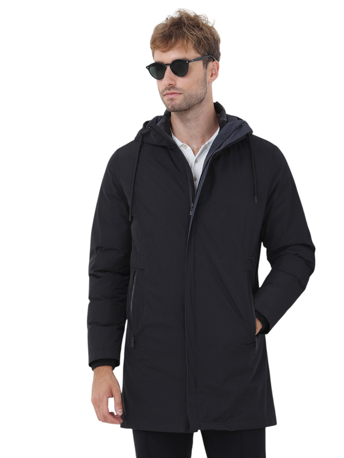 Siyah Regular Fit Kapüşonlu Casual Dokuma Pardösü