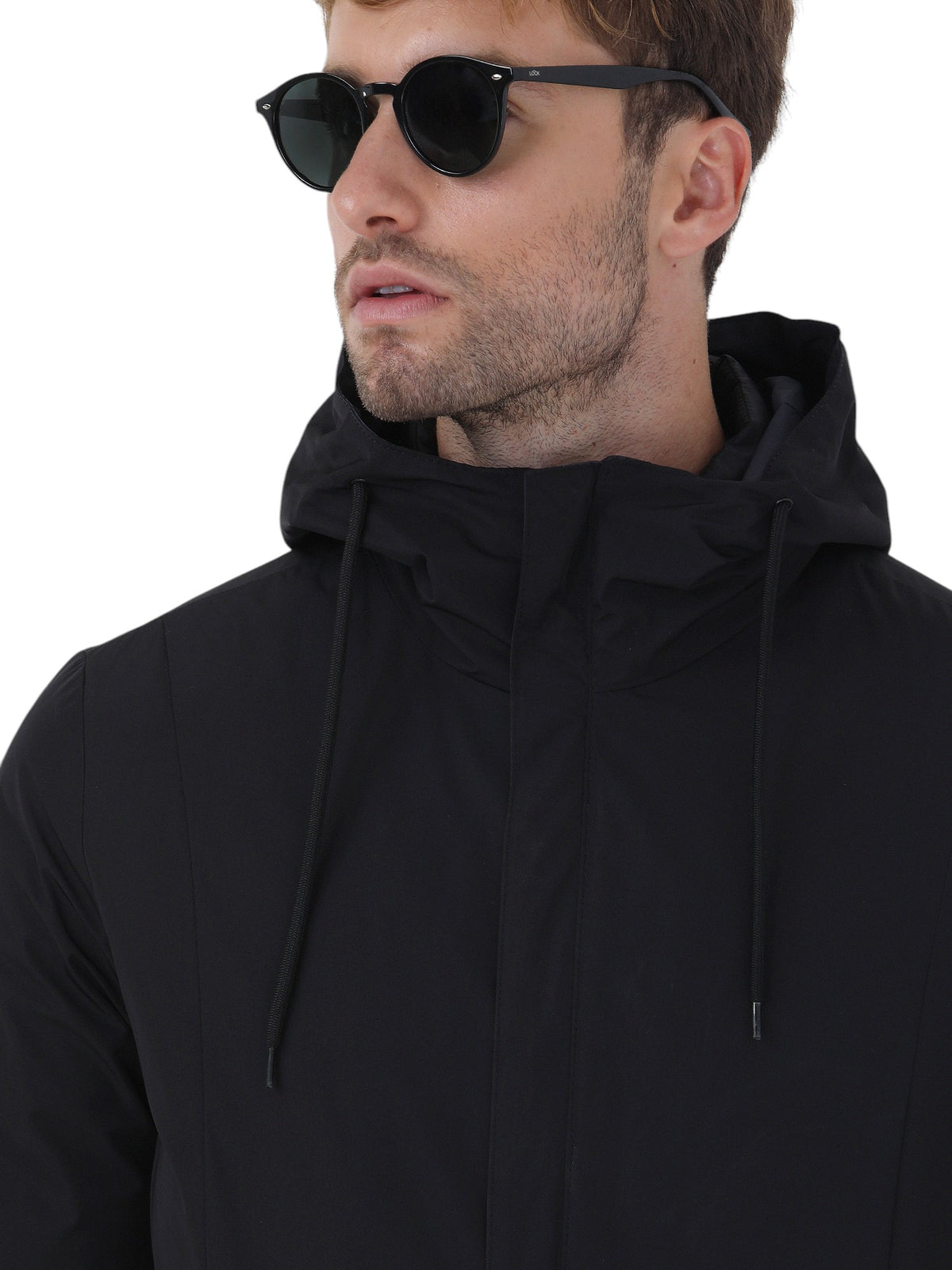 Siyah Regular Fit Kapüşonlu Casual Dokuma Pardösü
