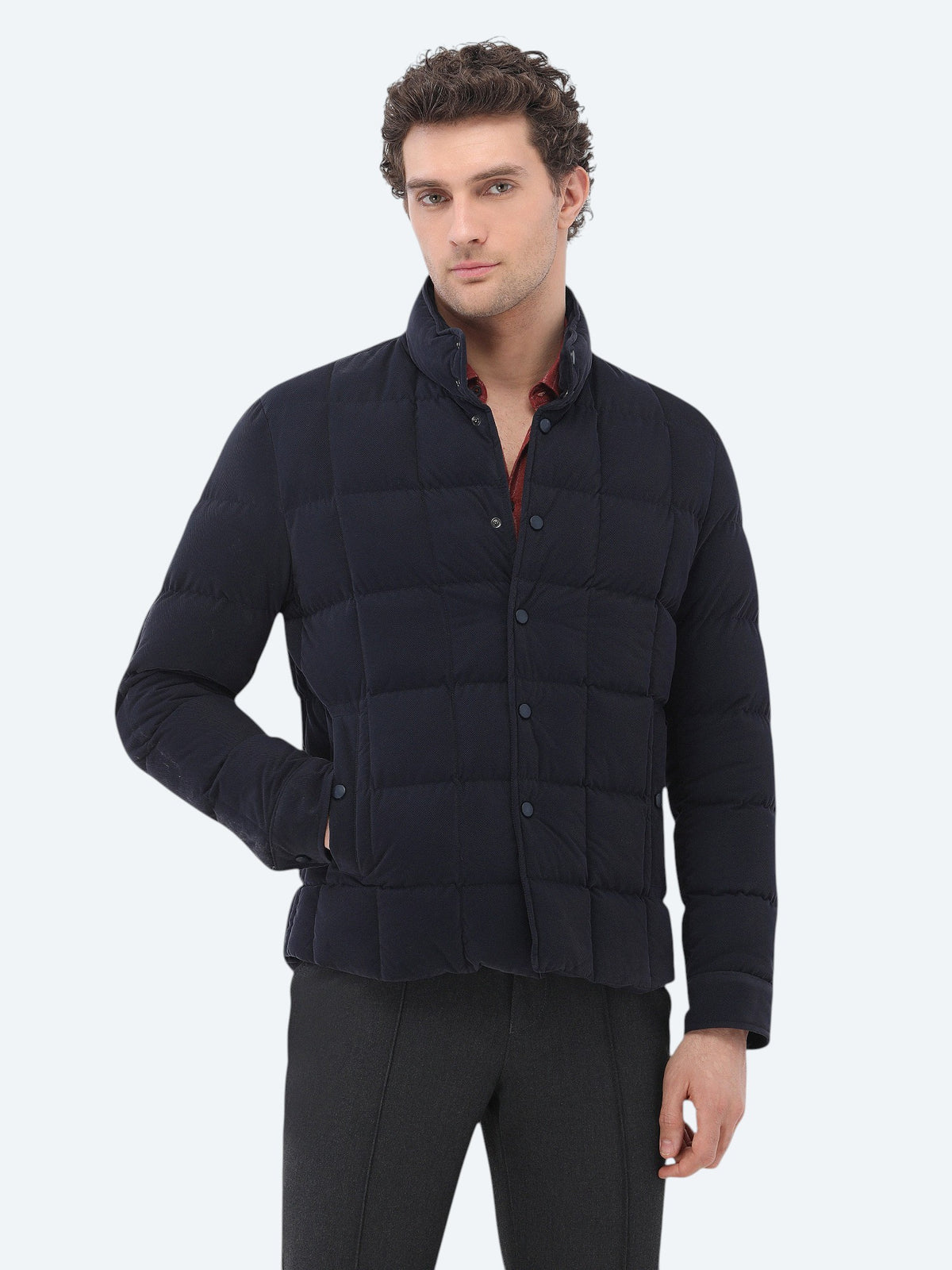 Lacivert Regular Fit Dik Yaka Dokuma Mont