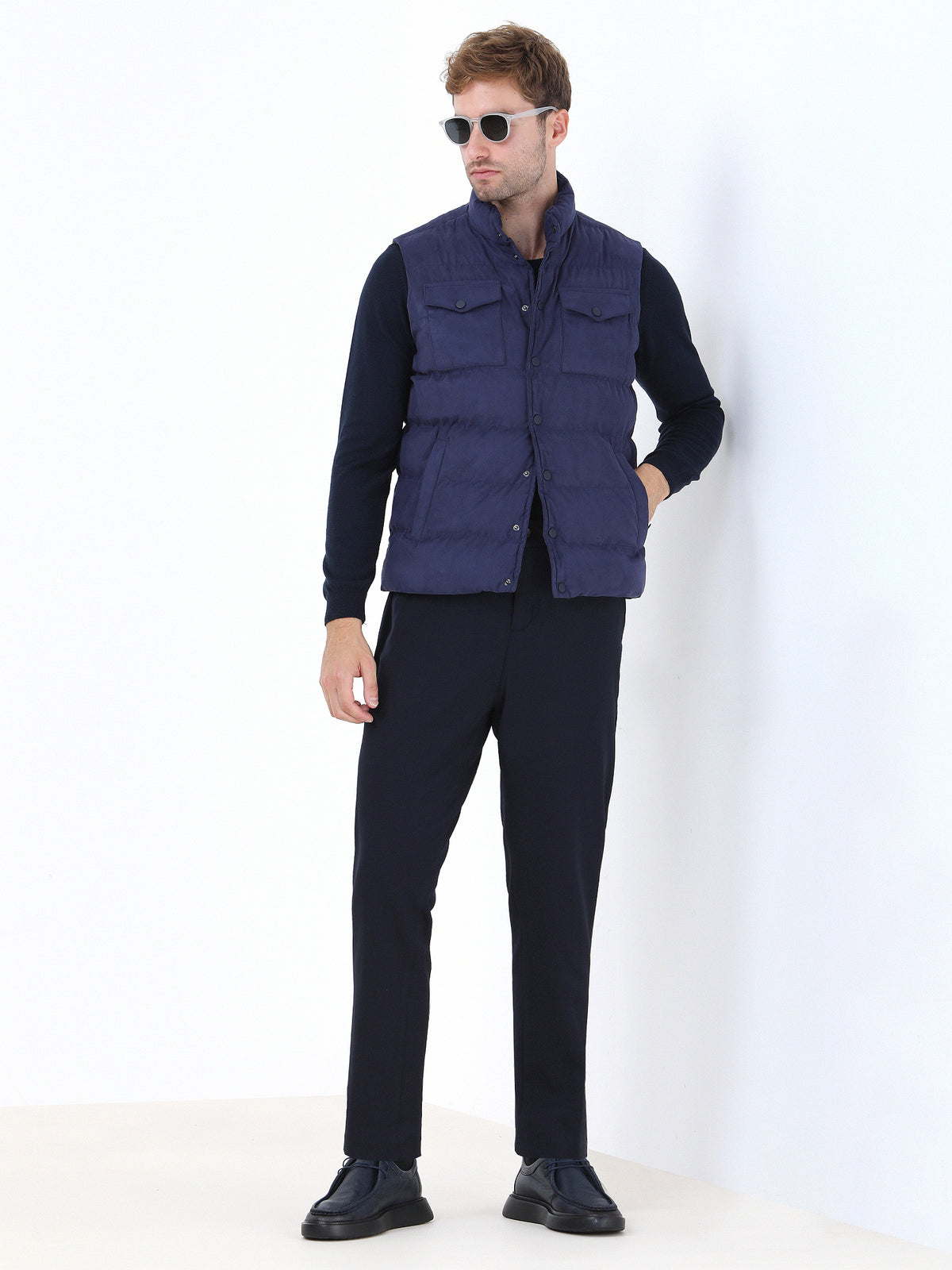 Açık Lacivert Regular Fit Dik Yaka Casual Dokuma Spor Yelek