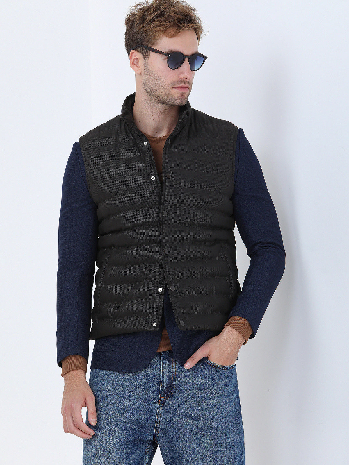 Kahverengi Regular Fit Dik Yaka Casual Dokuma Spor Yelek