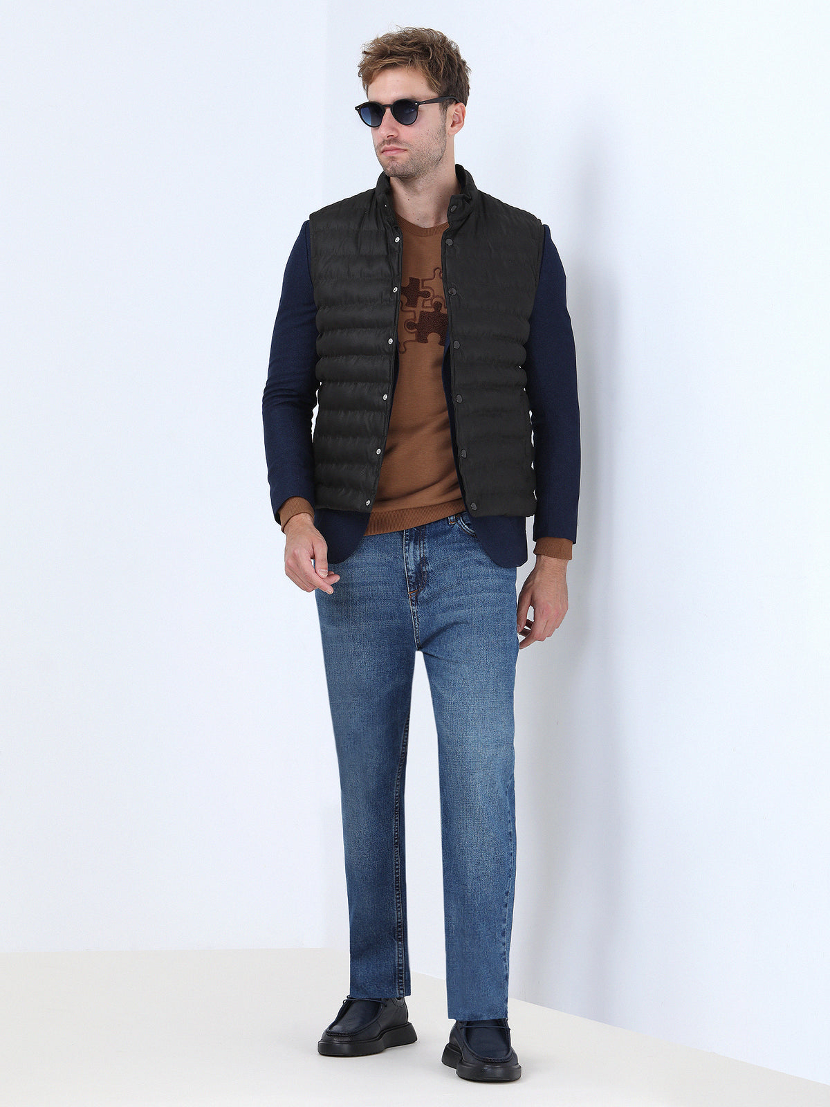 Kahverengi Regular Fit Dik Yaka Casual Dokuma Spor Yelek
