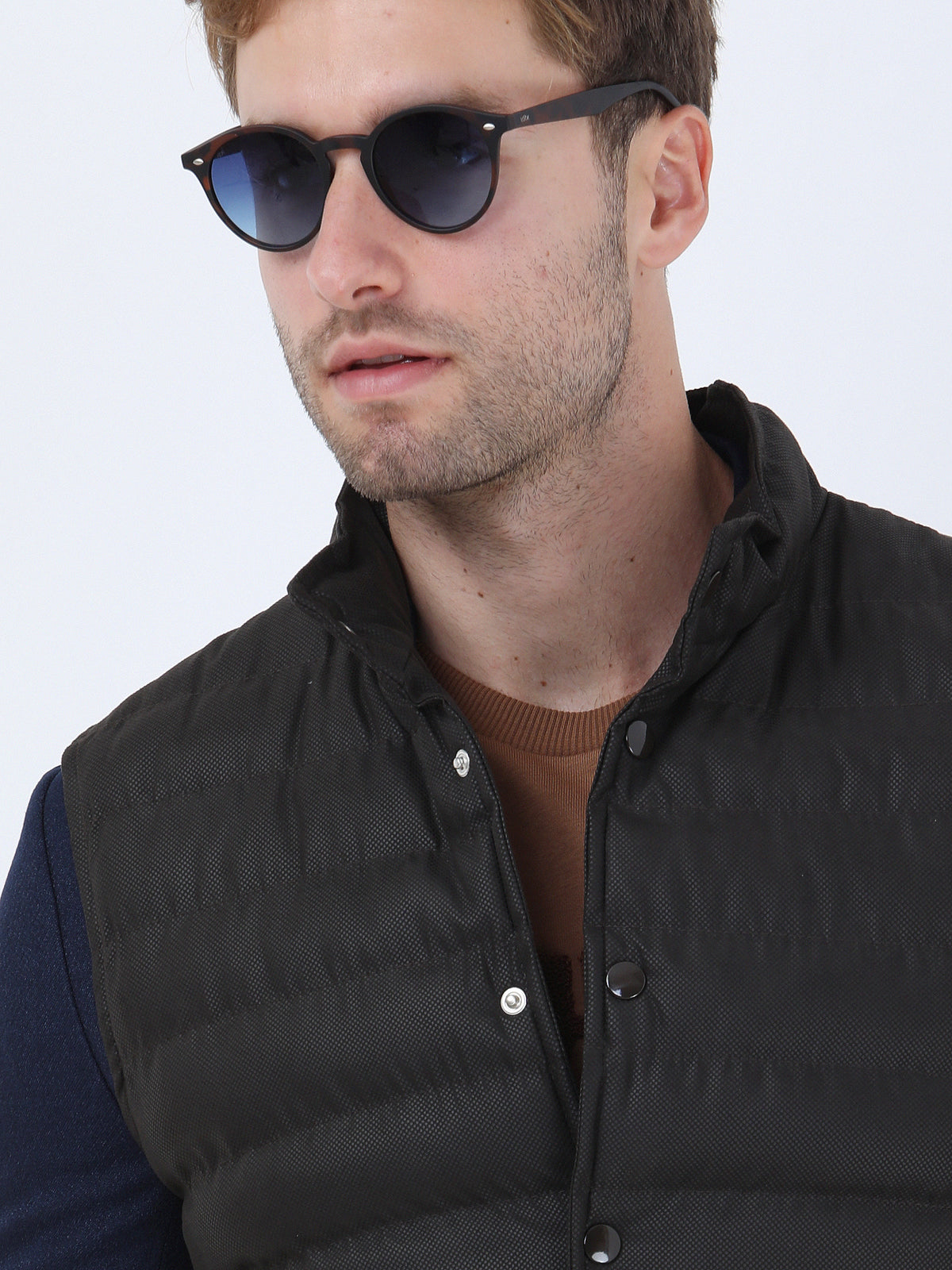 Kahverengi Regular Fit Dik Yaka Casual Dokuma Spor Yelek