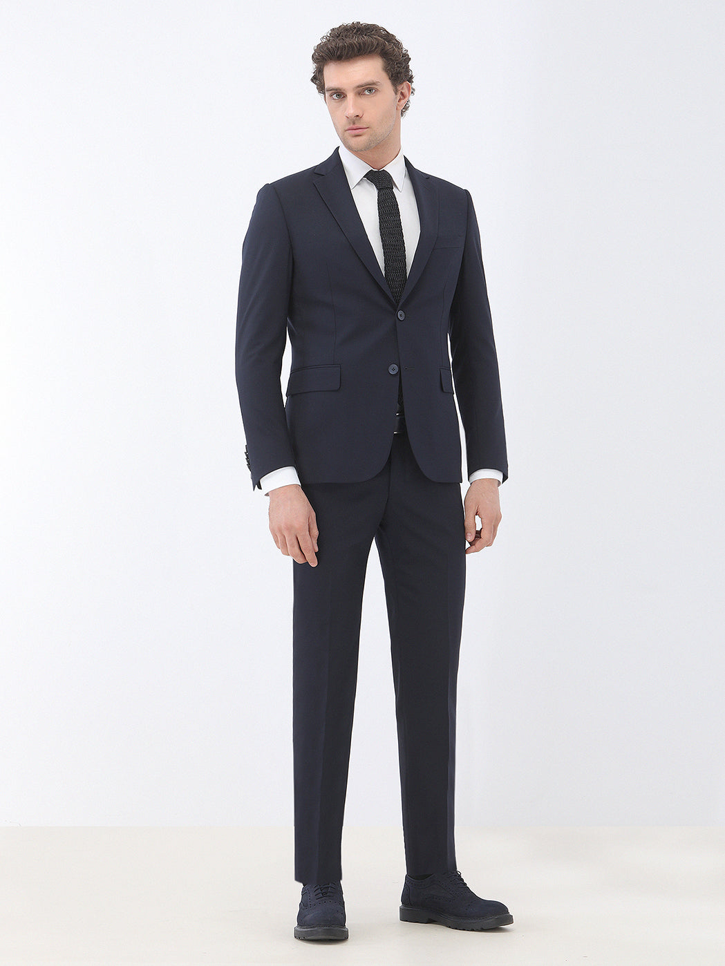 Lacivert Düz Modern Fit Yün Karışımlı Takım Elbise