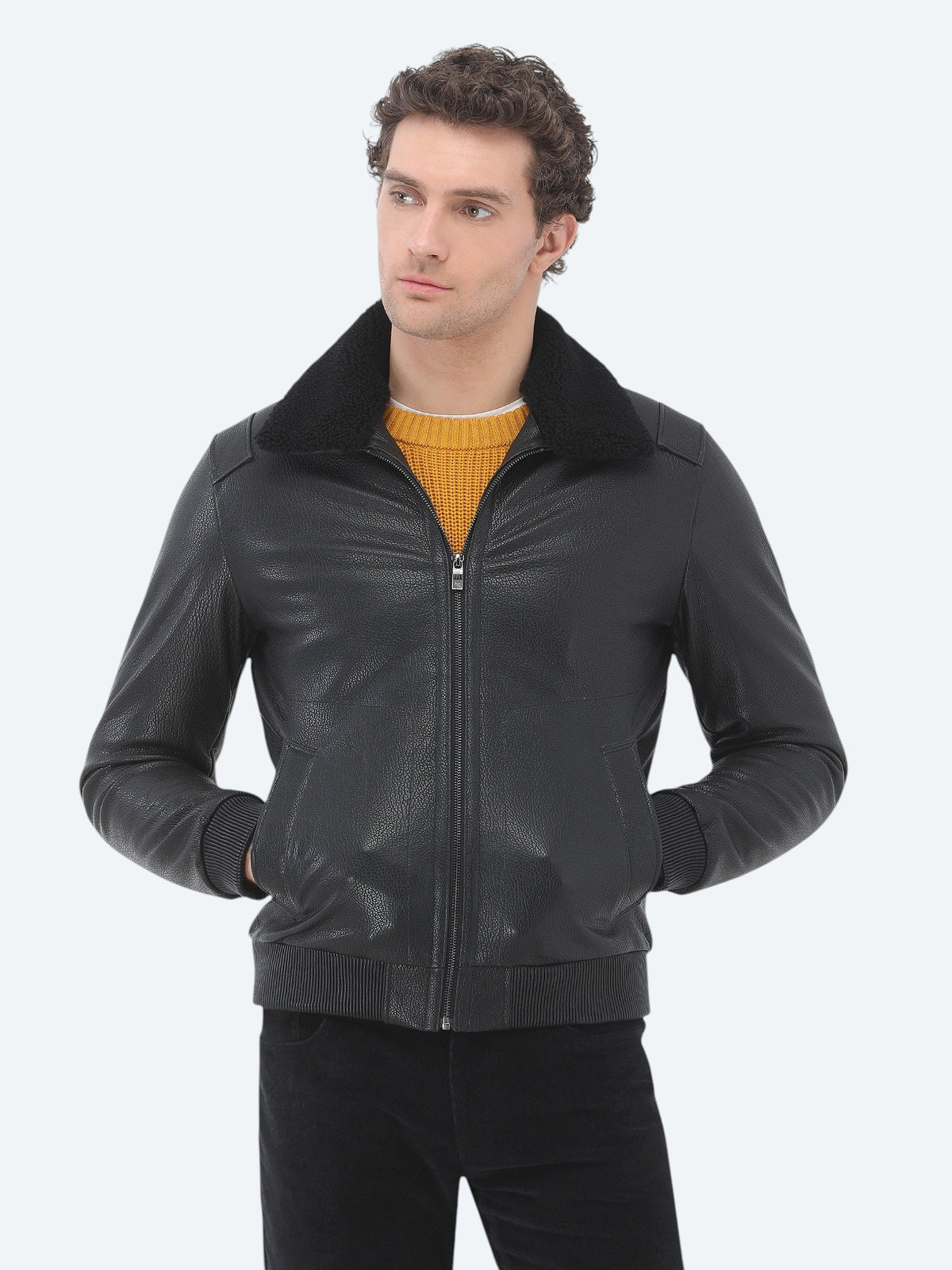 Siyah Regular Fit Bebe Yaka Smart Casual Koyun Derisi Deri Mont