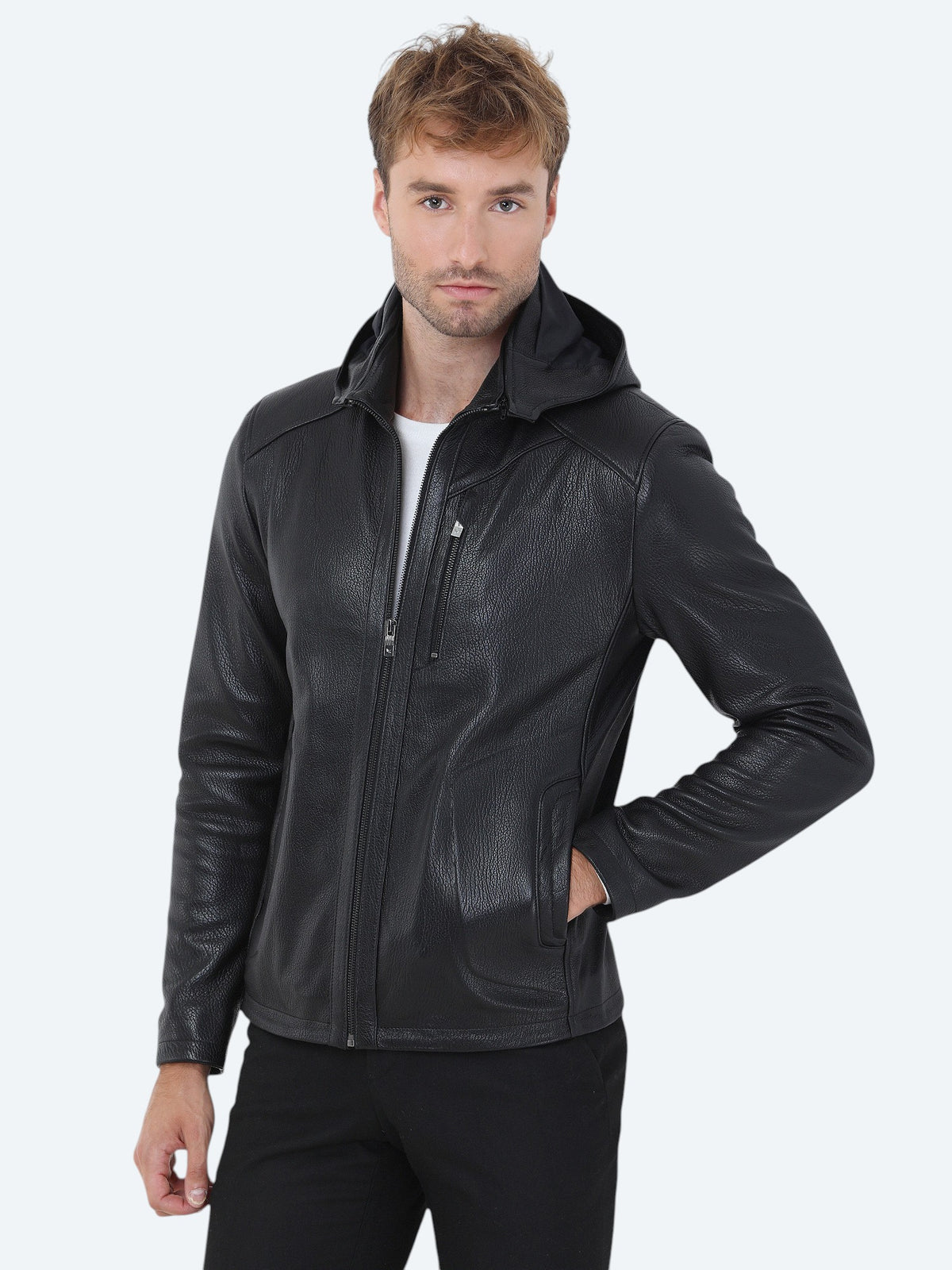 Siyah Regular Fit Kapüşonlu Smart Casual Koyun Derisi Deri Mont