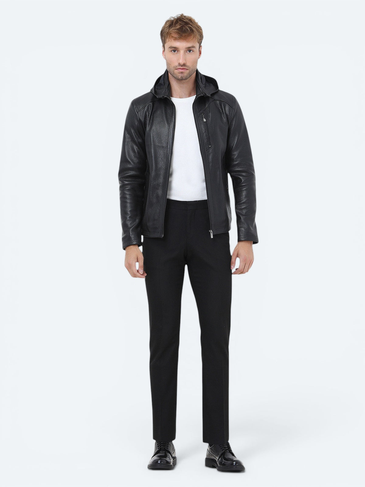 Siyah Regular Fit Kapüşonlu Smart Casual Koyun Derisi Deri Mont