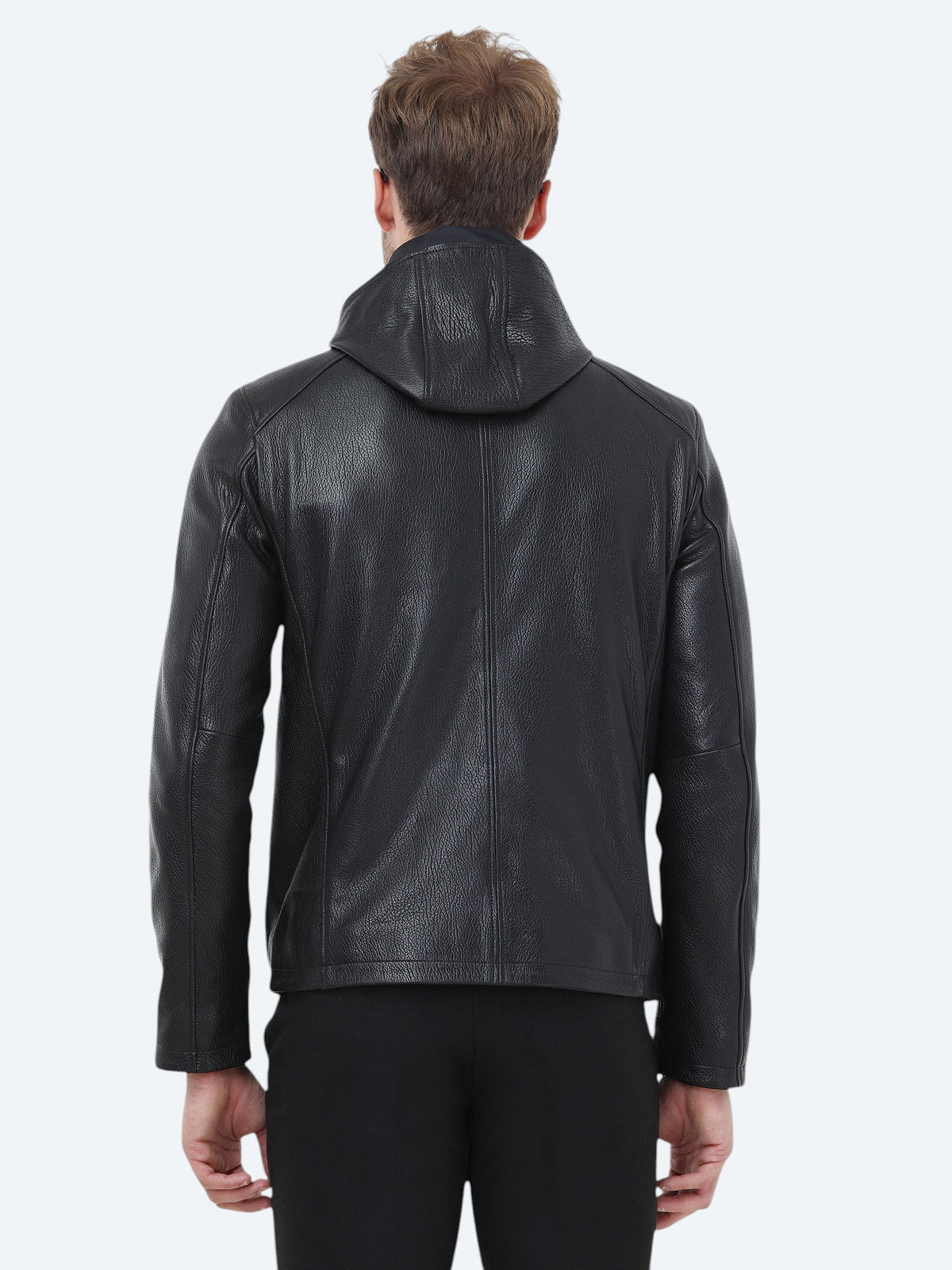 Siyah Regular Fit Kapüşonlu Smart Casual Koyun Derisi Deri Mont