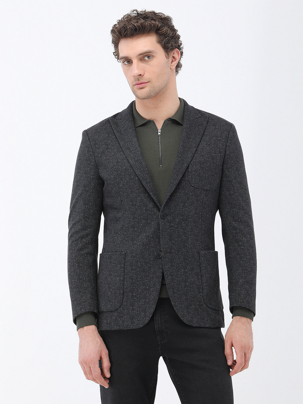 Siyah Desenli Modern Fit Örme Ceket