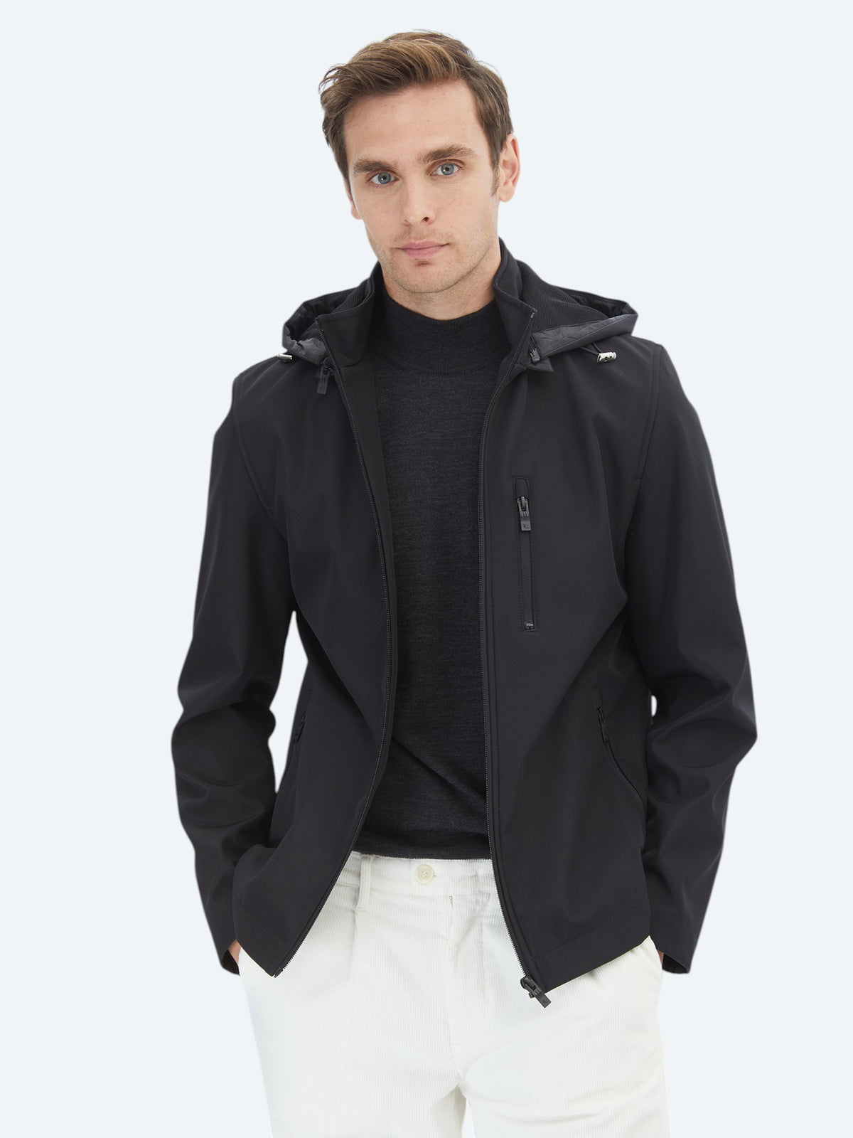 Siyah Regular Fit Kapüşonlu Casual Dokuma Mont