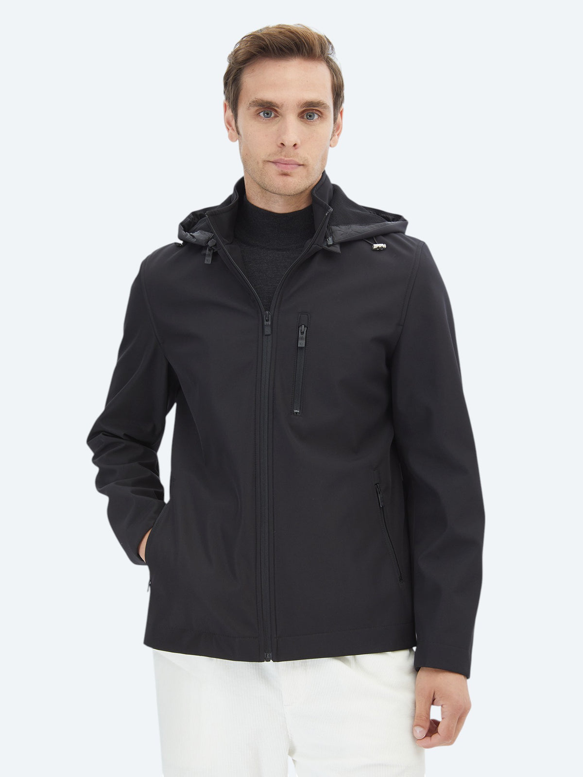 Siyah Regular Fit Kapüşonlu Casual Dokuma Mont