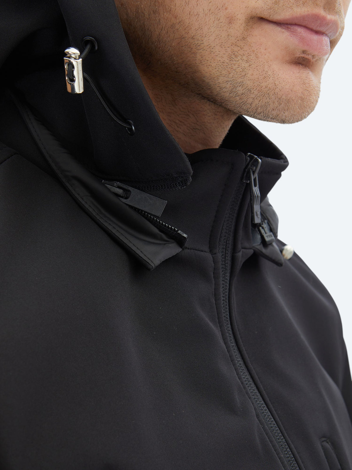 Siyah Regular Fit Kapüşonlu Casual Dokuma Mont