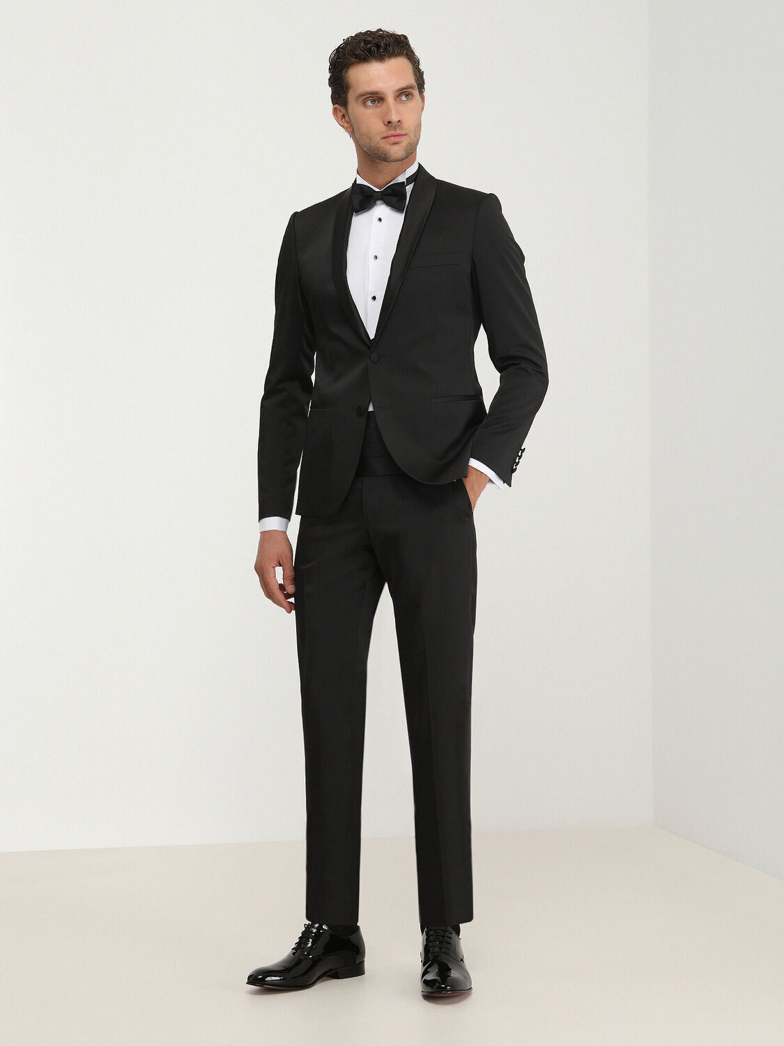 Siyah Desenli Slim Fit Şal Yaka Dokuma Smokin Takım Elbise