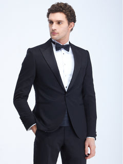Siyah Düz Slim Fit Kruvaze Yaka Dokuma Smokin Takım Elbise