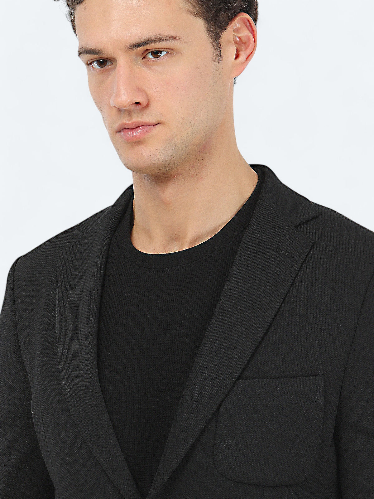 Siyah Düz Slim Fit Örme Takım Elbise