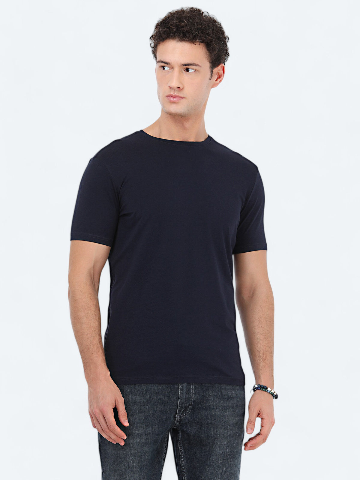 Lacivert Bisiklet Yaka Pamuk Karışımlı T-Shirt