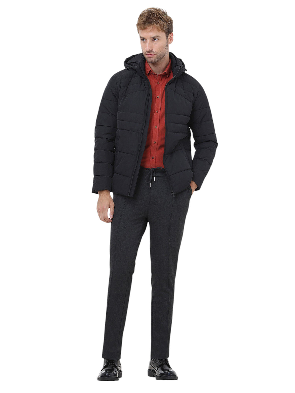 Siyah Regular Fit Kapüşonlu Casual Dokuma Mont